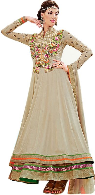 Creme-Brulee Double Layered Anarkali Suit with Zardosi Embroidery in Vibrant Hues