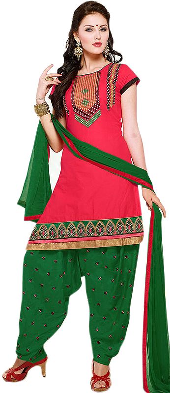 Teabarry-Pink and Green Patiala Salwar Kameez Suit with Embroidery on Neck and Patch Border