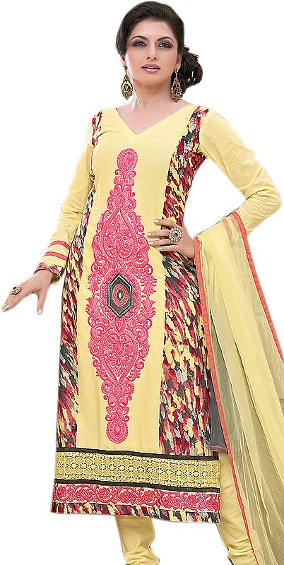 French-Vanilla Long Choodidaar Kameez Suit with Embroidery and Digital Print at Back