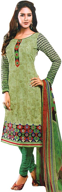 Reed-Green Choodidaar Kameez Suit with Printed Leaves