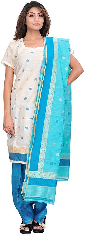 Ivory and Blue Chanderi Salwar Kameez Suit with Woven Bootis