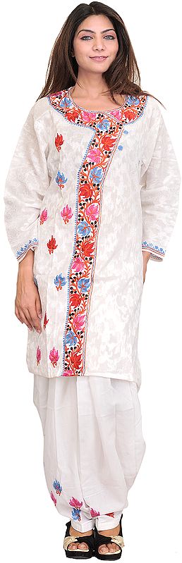 Bright-White Two-Piece Salwar Kameez Suit with Self Weave and Aari Embroidery