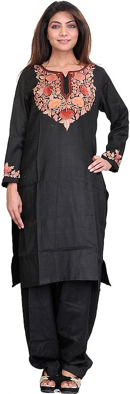 Jet-Black Two-Piece Kashmiri Salwar Kameez with Aari Embroidery on Neck