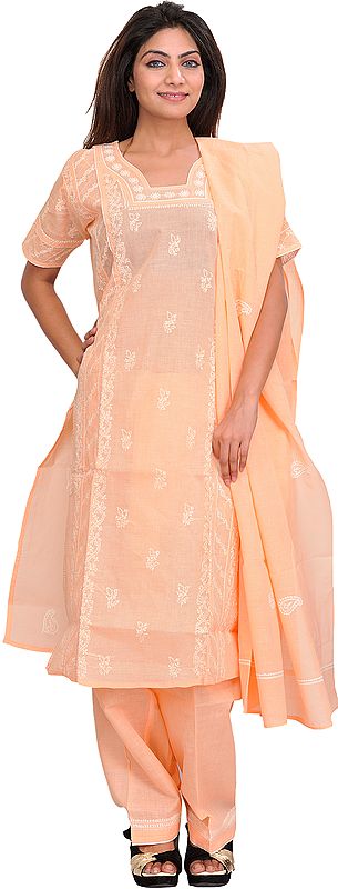 Peach-Nectar Salwar Kameez Suit with Luckhnawi Chikan Embroidery