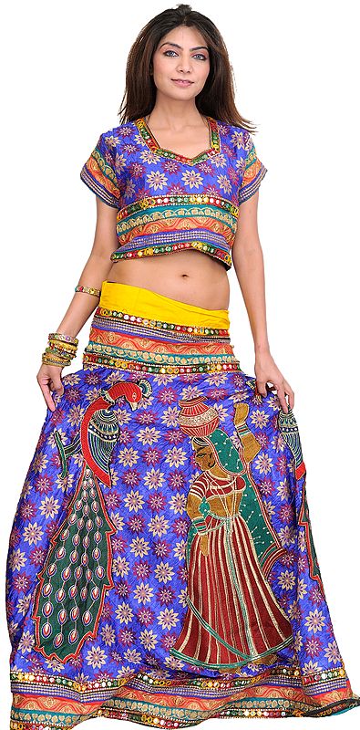 Two-Piece Ghagra Choli from Rajasthan with Woven Flowers and  Embroidered Patch