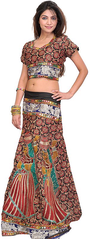 Two-Piece Jet-Black Ghagra Choli from Rajasthan with Woven Flowers and  Embroided Patch