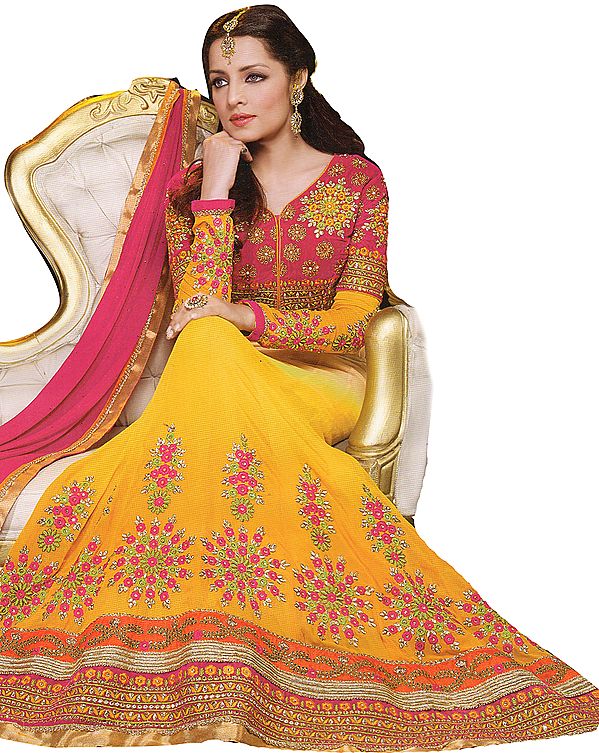 Cyber Yellow Celina Bridal Anarkali Suit with Aari Embroidered Flowers and Wide Border