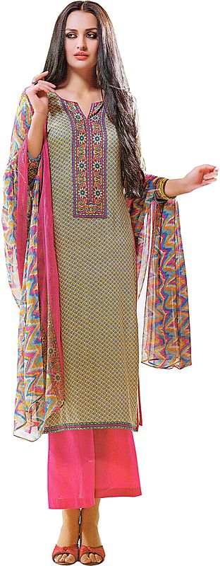 Multi-Color Parallel Salwar Suit with Printed Flowers and Patch on Neck