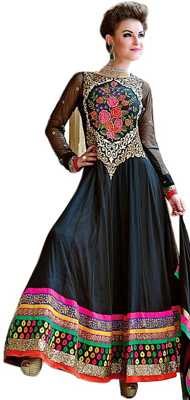 Jet-Black Wedding Long Anarkali Suit with Floral Embroidery and Wide Border