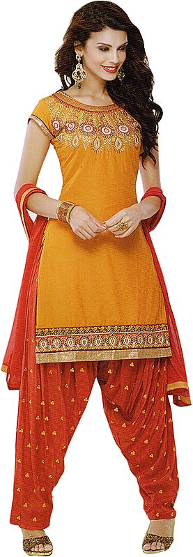 Cadmium-Yellow and Red Patiala Salwar Kameez Suit with Aari Embroidery on Neck and Patch Border