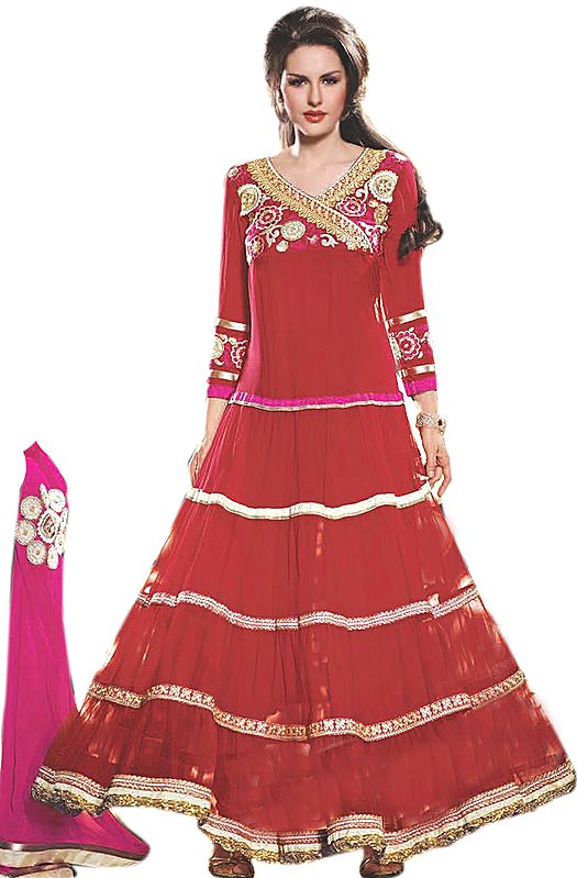 High Risk-Red Wedding Anarkali Flared Kameez Suit with Metallic-Thread Embroidery