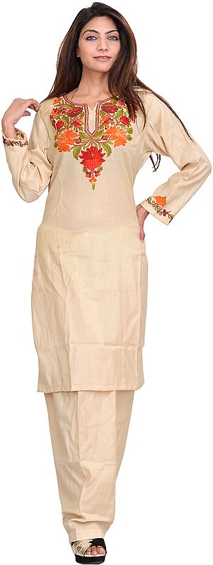 Sea-Mist Two-Piece Kashmiri Salwar Kameez with Floral Aari Embroidery by Hand