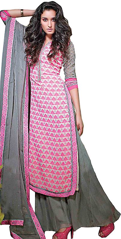 Pink Lemonade and Gray Long Printed Suit with Wide Salwar