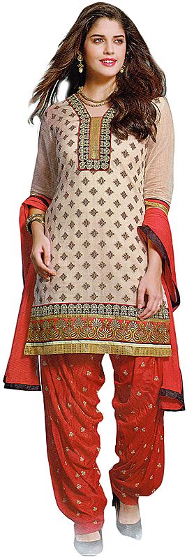 Bridal-Blush and Red Patiala Salwar Kameez Suit with Woven Booties and Embroidered Patch on Neck and Border