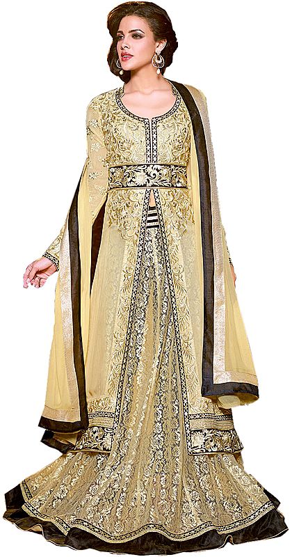 Italian-Straw and Black Wedding Long Anarkali Suit with Golden Embroidery