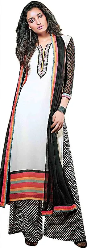 Cream and Black Long Printed and Embroidered Suit with Wide Salwar