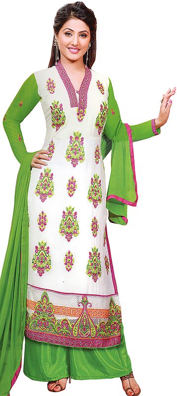 White and Green Long Salwar Kameez Suit with Embroidered Floral Motifs and Net Border