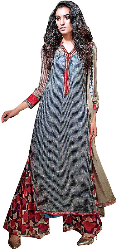 Folkstone-Gray Long Parallel Salwar Suit with Printed Bootis All-Over