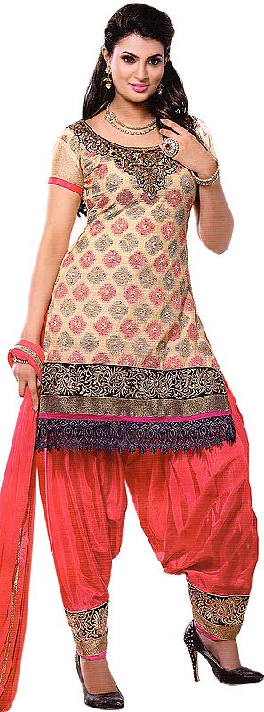 Antique-White and Pink Patiala Salwar Kameez Suit with Embroidered Patch and Woven Bootis