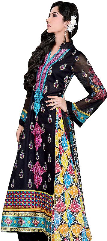 Jet-Black Long Printed Suit from Pakistan with Embroidered Patch on Neck