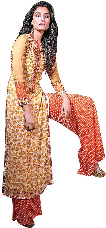 Ivory and Orange Parallel Salwar Suit with Printed Flowers and Crystals on Neck