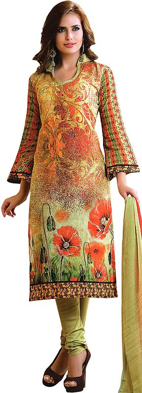 Pale-Green Choodidaar Kameez Suit with Digital Printed Flowers