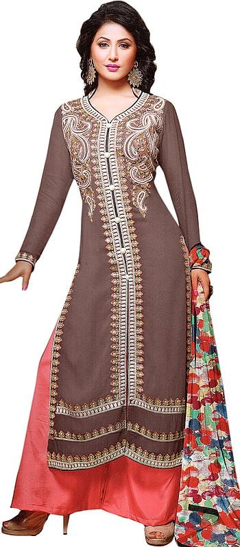 Sparrow and Pink Long Parallel Salwar Suit with Floral Embroidery