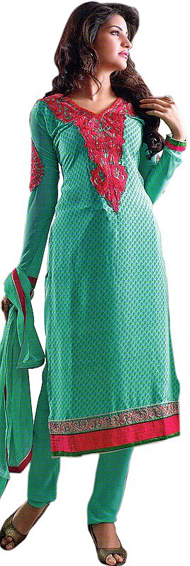 Aqua-Sky Choodidaar Kameez Suit with Printed Bootis and Embroidered Patch