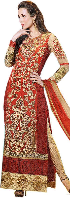 True-Red Malaika Long Choodidaar Kameez Suit with Floral Embroidery and Crystals
