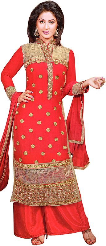 Lollipop-Red Parallel Salwar Suit with Embroidered Bootis and Wide Patch Border