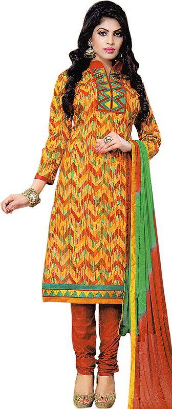 Apricot and Brown Choodidaar Kameez Suit with Printed Zigzag Stripes and Patch Border