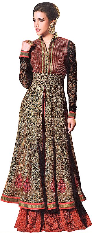 Red and Black Designer Layered Pakistani Suit with Densely Embroidered in Metallic Thread