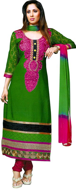 Jelly-Bean Long Choodidaar Kameez Suit with Embroidered Patch and Digital-Print at Back