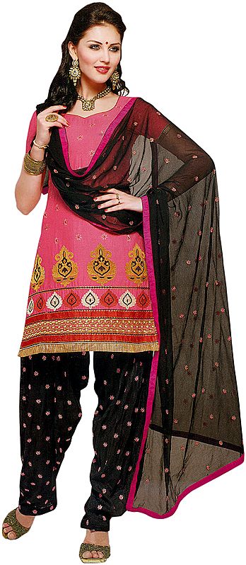 Pink and Black Patiala Salwar Kameez Suit with Embroidered Bootis