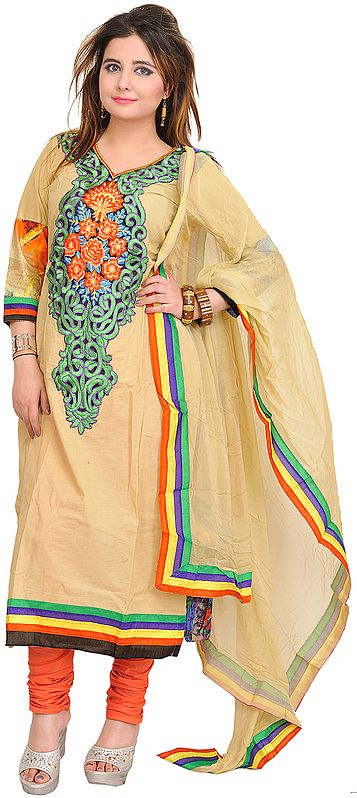 Chino-Green and Coral Choodidaar Kameez Suit with Embroidered Patch and Digital Print at Back