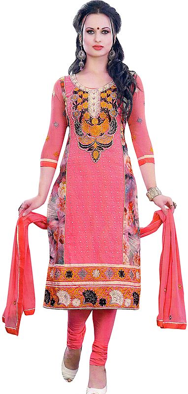 Flamingo-Pink Long Choodidaar Kameez Suit with Floral Embroidered Patch and Crystals