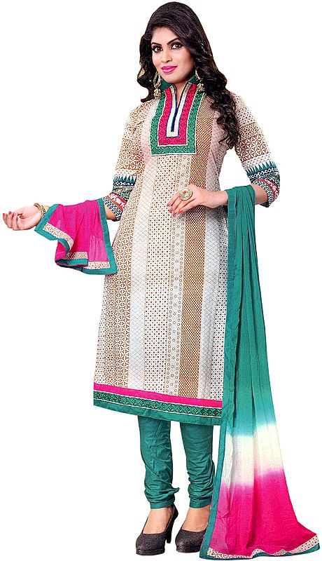 Antique-White and Green Choodidaar Kameez Suit with Printed Motifs and Embroidered Patch