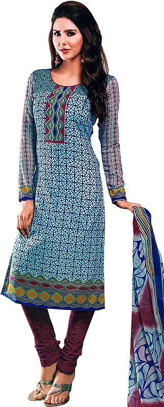 Blue and Mauvewood Choodidaar Kameez Suit with Abstract Print