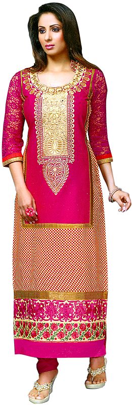 Bright-Rose Long Choodidaar Kameez Suit with Printed Checks and Floral Embroidery on Neck