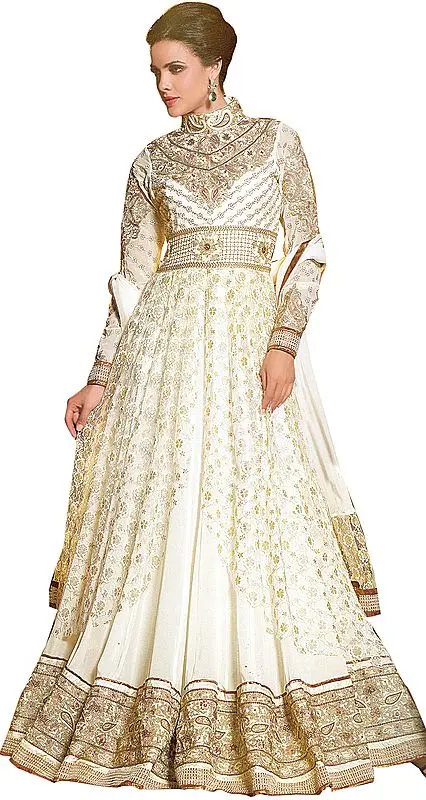 Ivory Wedding Long Anarkali Suit with Floral Embroidery in Metallic Thread and Beadwork