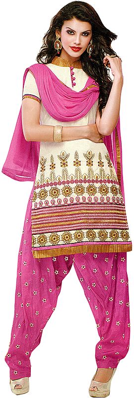 Whtie and Pink Patiala Salwar Kameez Suit with Embroidered Flowers