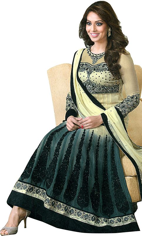 Vanilla and Gray Double-Shaded Bipasha Anarkali Suit with Black Floral Embroidery and Stones