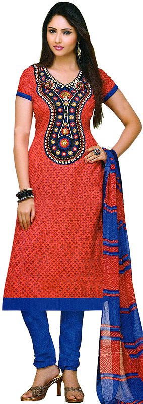 Emberglow and Blue Choodidaar Kameez Suit with Printed Bootis and Embroidered Patch on Neck