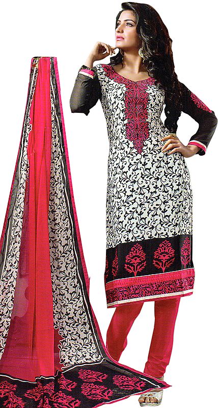 White and Pink Floral Printed Choodidaar Kameez Suit with Embroidered Patch on Neck and Border