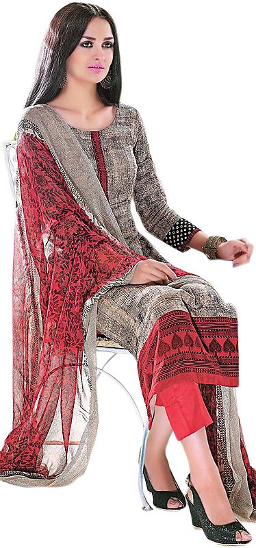 Ivory-Cream and Red Printed Parallel Salwar Suit with Printed Patch on Neck and Border