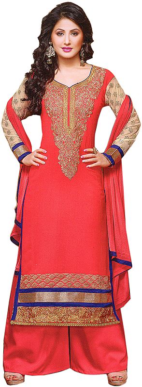 Coral-Pink Long Salwar Kameez Suit with Zari Embroidery on Neck and Patch Border