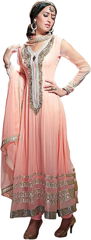 Seashell-Pink Anarkali Suit with Zari-Embroidered Patch on Neck and Sequined Border