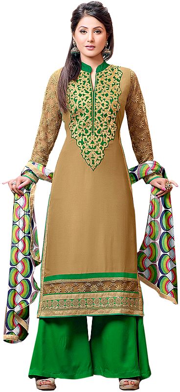 Dijon and Green Parallel Salwar Suit with Zari Embroidered Patch and Net Sleeves