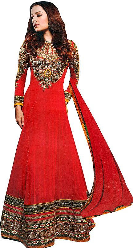 True-Red Wedding Celina Anarkali Suit with Zari Embroidered Patch and Sequins