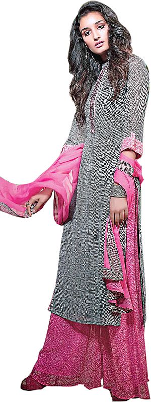 Gray and Pink Parallel Salwar Suit with Printed Checks and Crystals on Neck